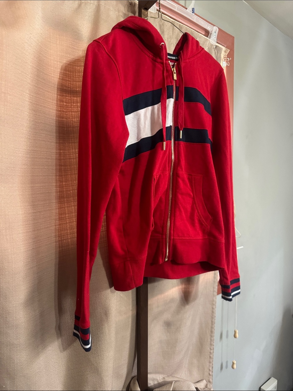 Tommy Hilfiger Red Zip-Up Hoodie with Navy & White Stripes